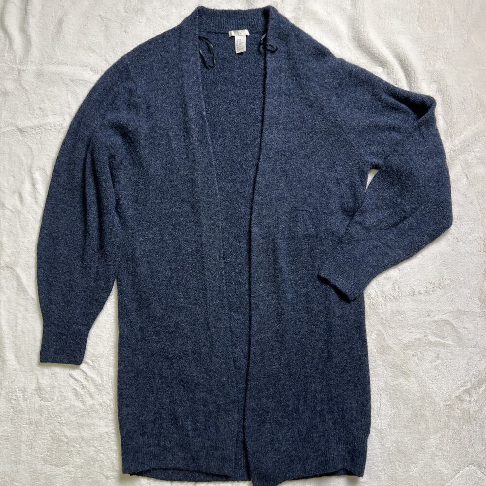 H&M HM Blue Navy Wool Blend Open Front Long Sleeve Long Cardigan, size XS